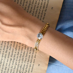Gold Cuban Chain Bracelet with Solitaire Crystal