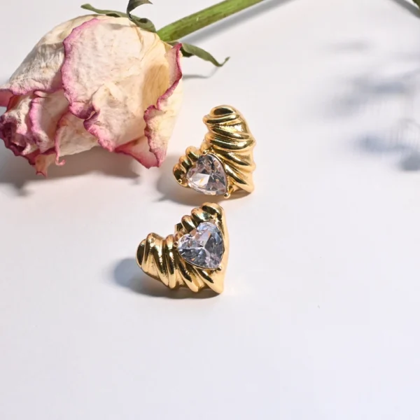 Gold Tone Heart Crystal Earrings - Image 2