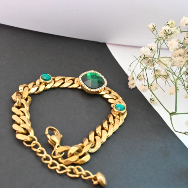 Gold-Plated Chain Bracelet with Emerald Green Stones