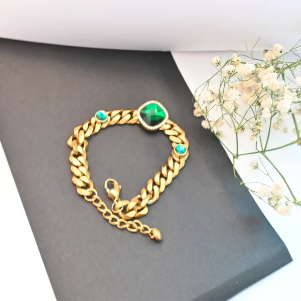 Gold-Plated Chain Bracelet with Emerald Green Stones