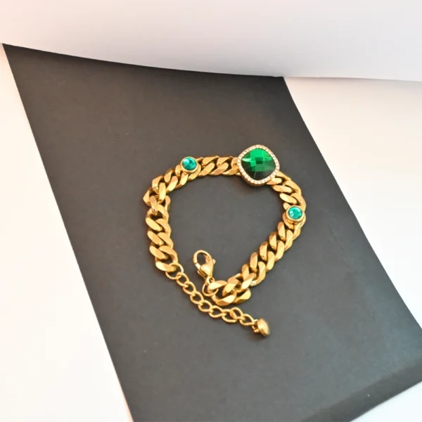 Gold-Plated Chain Bracelet with Emerald Green Stones